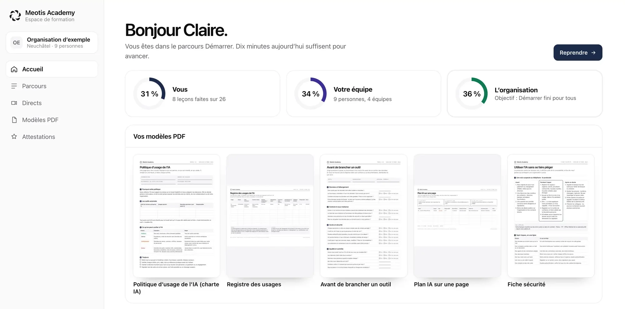 L’espace de formation : la progression, les modèles PDF à télécharger, la prochaine leçon et le prochain direct.