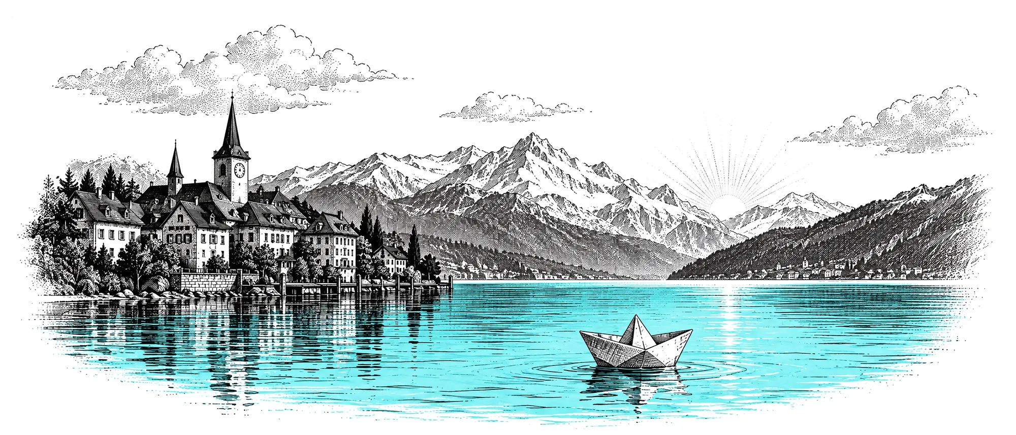 Engraving of a turquoise Swiss lake at sunrise; a paper boat folded from a letter floats in the foreground.