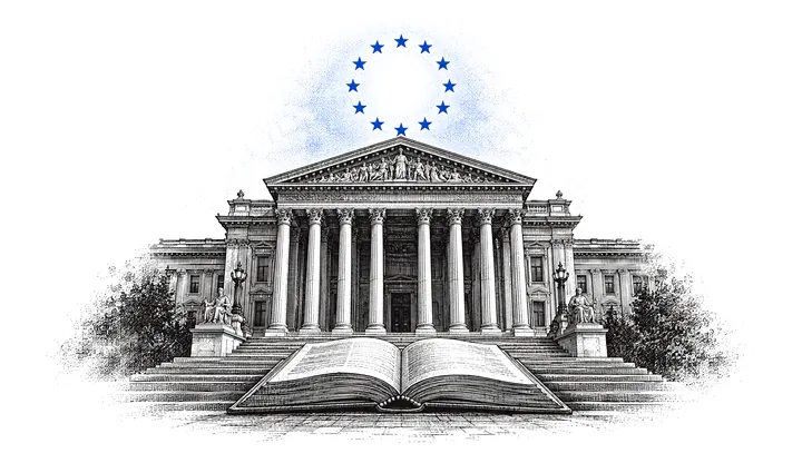 Engraving of a parliament with columns, a large open law book on the steps, a circle of blue stars above.
