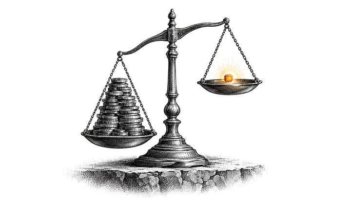 Engraving of an old balance: a stack of coins outweighs a small glowing orange chip.