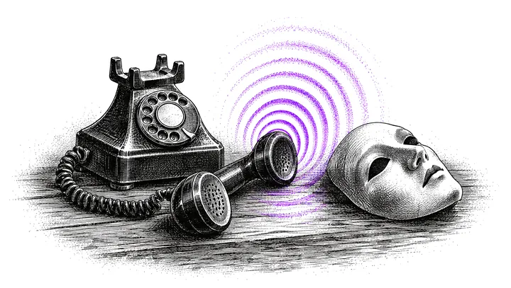 Engraving of an old telephone off the hook beside a theatre mask, purple waves coming out of the receiver.