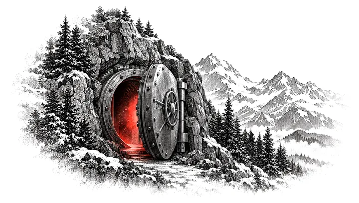 Engraving of an open vault door in an Alpine cliff, a red glow inside.
