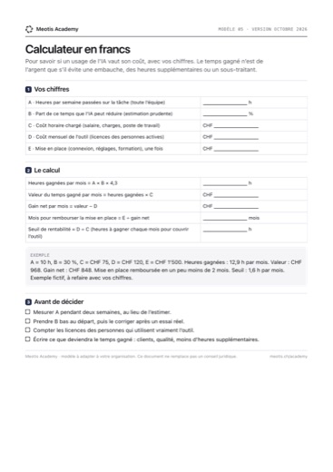 First page of the Calculator in francs template