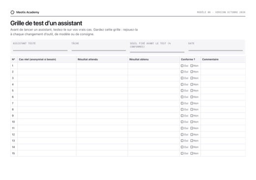 First page of the Assistant test grid template