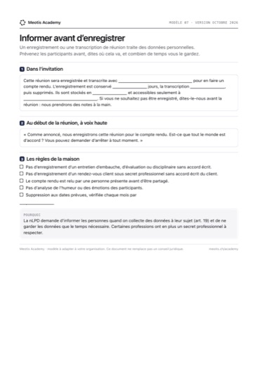 First page of the Inform before recording template
