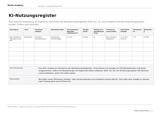 Erste Seite der Vorlage Nutzungsregister