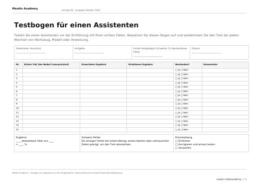 Erste Seite der Vorlage Testraster für KI-Assistenten
