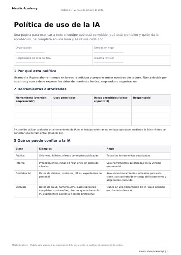 Primera página de la plantilla Política de uso de la IA (carta de principios de IA)