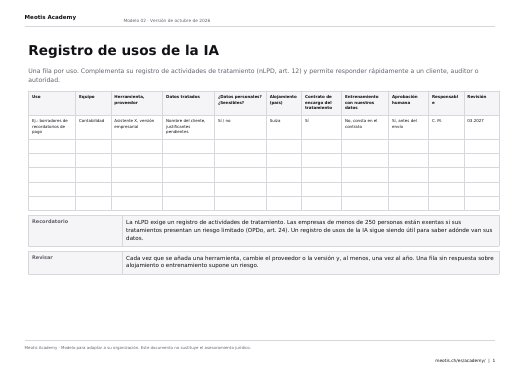 Primera página de la plantilla Registro de usos