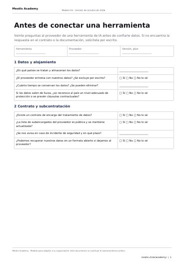 Primera página de la plantilla Antes de conectar una herramienta.