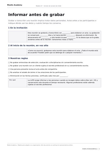 Primera página de la plantilla Informar antes de registrar.