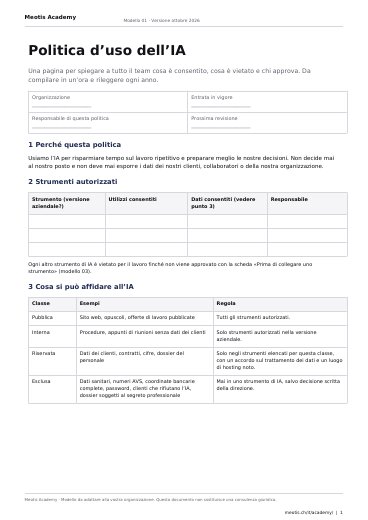 Prima pagina del modello Politica d’uso dell’IA (carta sull’IA)