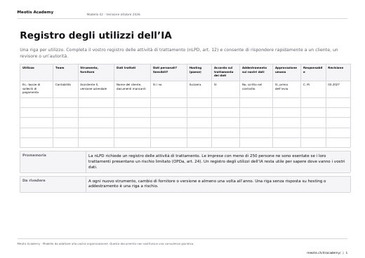 Prima pagina del modello Registro degli usi