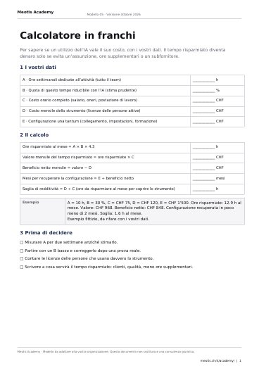 Prima pagina del modello Calcolatore in franchi