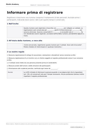 Prima pagina del modello Informare prima di registrare