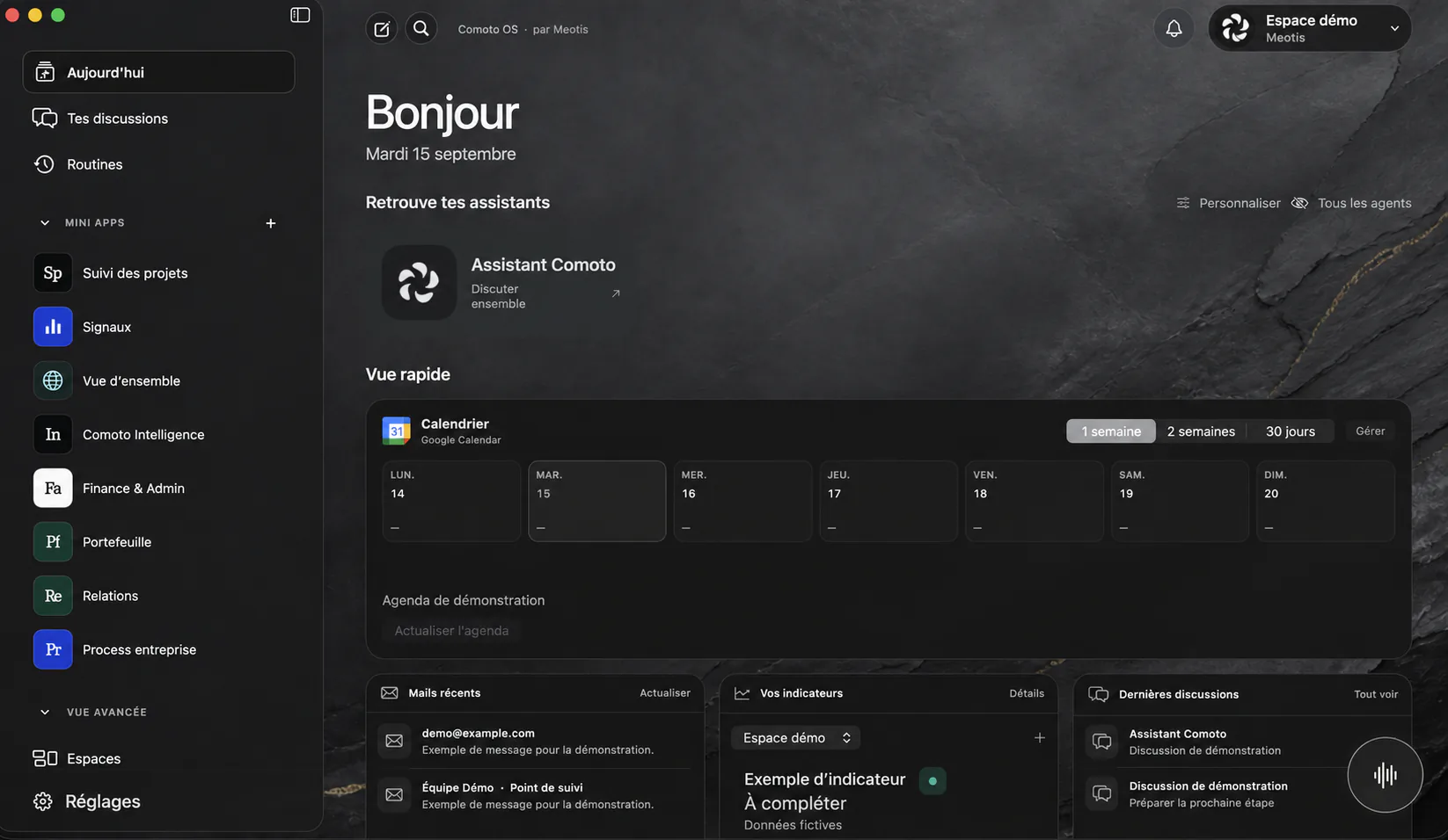 Plateforme Comoto Enterprise OS sous le branding Meotis : assistants, mini-apps, calendrier et vues rapides. Identité et contenus anonymisés.