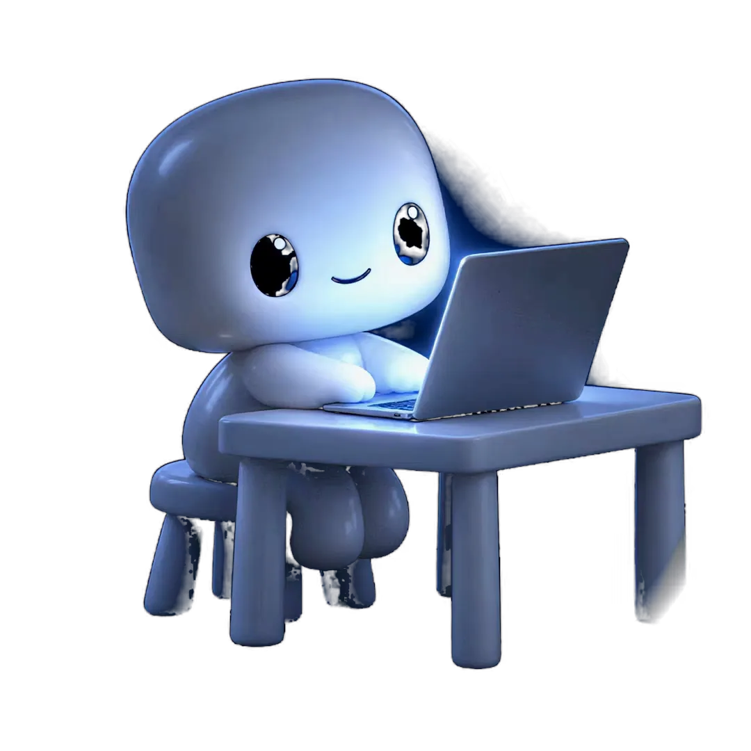 Comoto, le petit assistant de Meotis, travaille de nuit à son ordinateur.