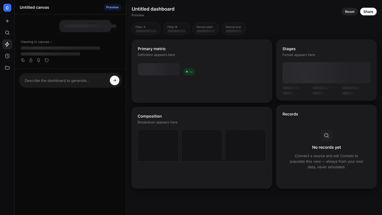 Comoto Enterprise OS sur Mac : un tableau de bord généré à la demande, alimenté uniquement par vos propres données