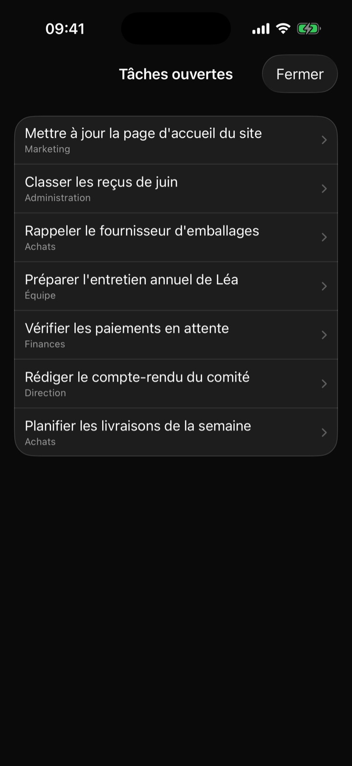 Liste des tâches ouvertes, chacune rattachée à son projet