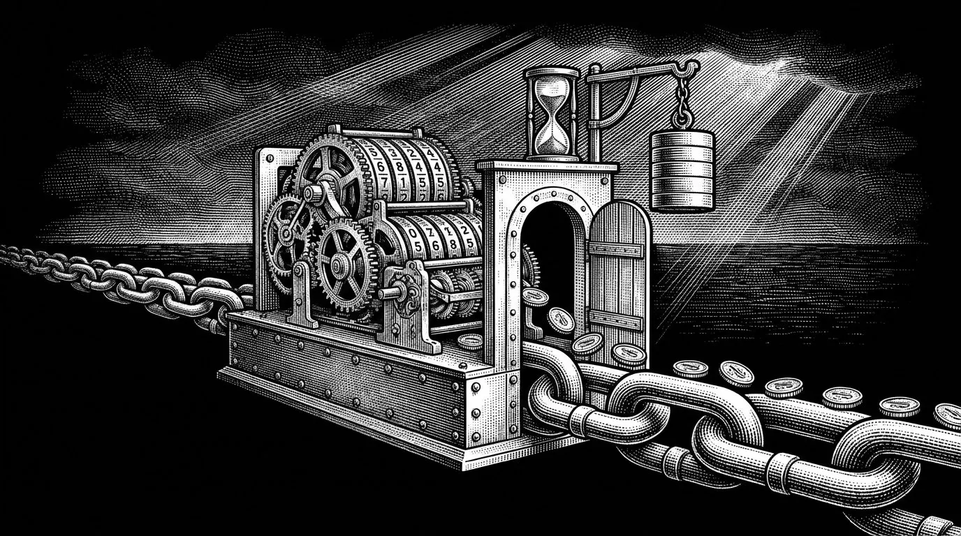 Machine à calculer mécanique ancienne montée sur une chaîne de blocs, gravure noir et blanc