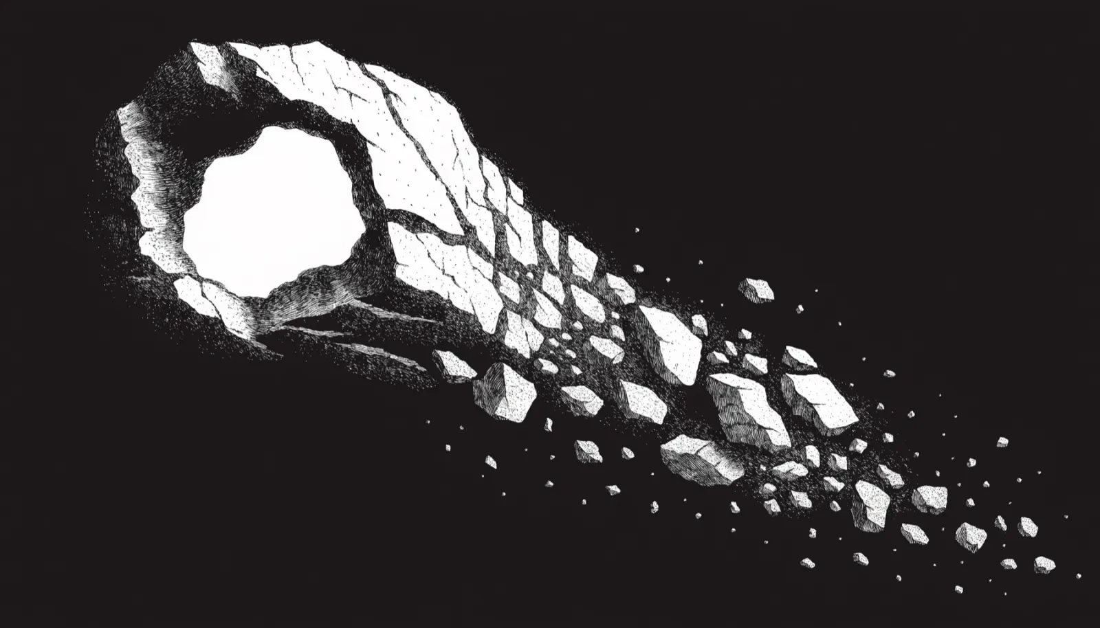 Gravure noir et blanc : un rocher au cœur lumineux se fracture en fragments qui descendent comme une courbe de prix