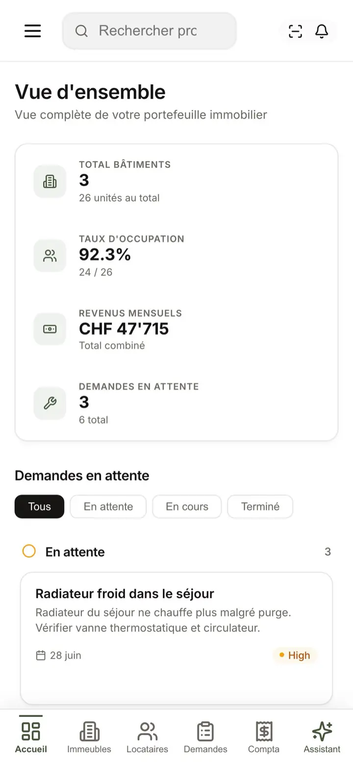 Palier sur mobile : vue d'ensemble avec indicateurs et navigation basse