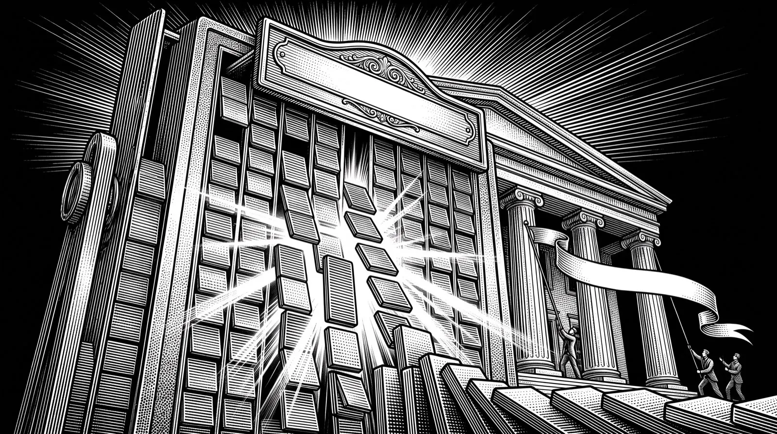 Gravure noir et blanc : un tableau d'affichage mécanique géant dont les plaques dégringolent colonne après colonne, une nouvelle plaque lumineuse s'enfonçant dans la case du sommet, devant la façade à colonnes d'une bourse où l'on hisse une bannière de cérémonie