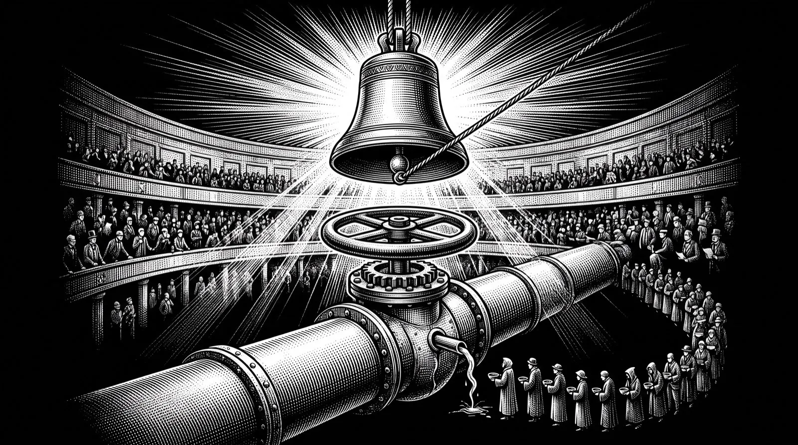 Gravure noir et blanc : sous la coupole d'une bourse en liesse, une cloche de cérémonie retentit en pleine lumière tandis qu'en dessous une énorme vanne écrase une conduite, ne laissant qu'un filet s'écouler vers une file de gens tendant leur écuelle