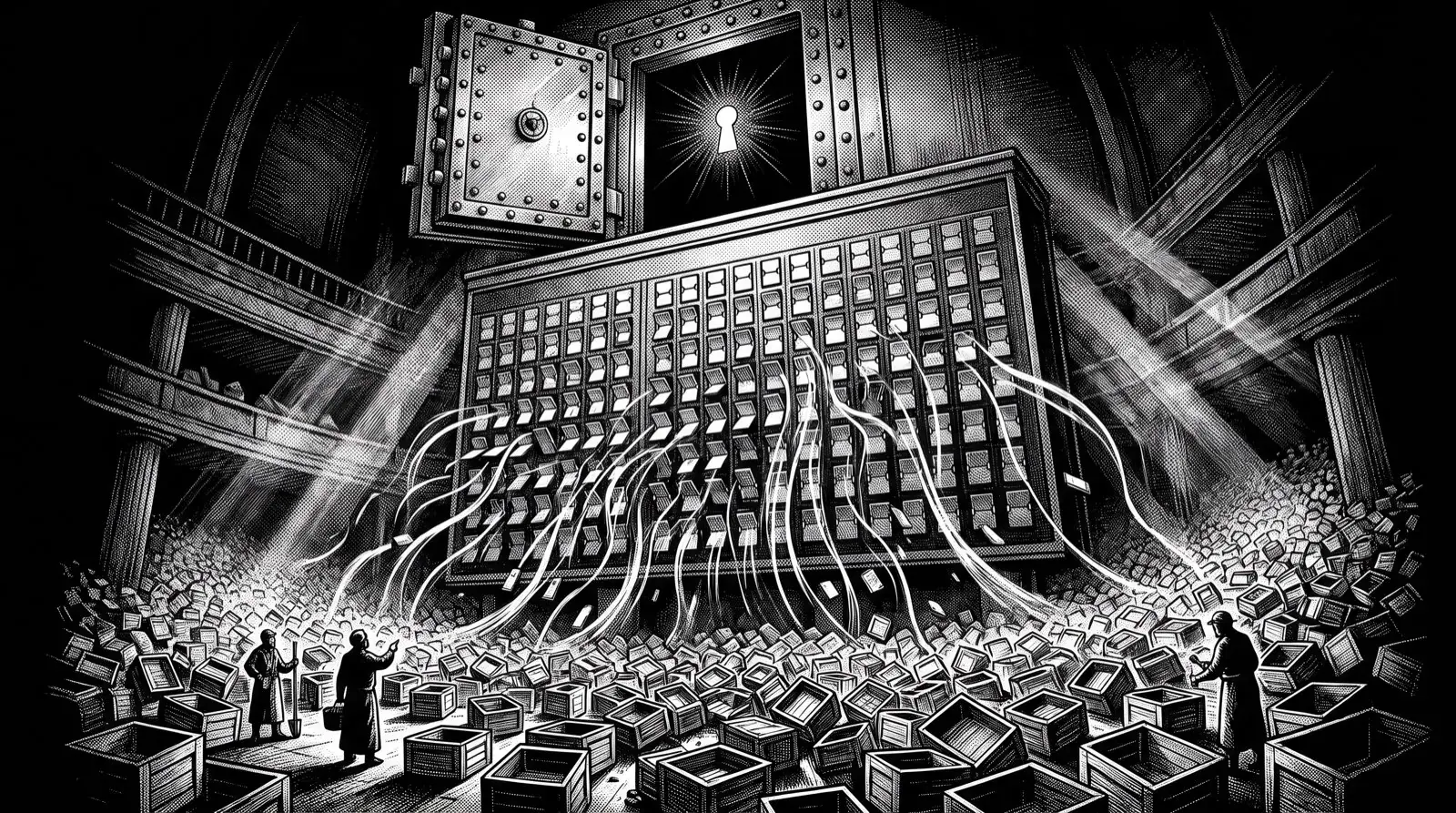 Gravure noir et blanc : dans une halle de marché, un immense tableau de cotation mécanique dont les plaques dégringolent en cascade, surmonté d'une porte de coffre-fort scellée dont la serrure rayonne, tandis que le sol disparaît sous une marée de milliers de caisses de bois identiques et ouvertes