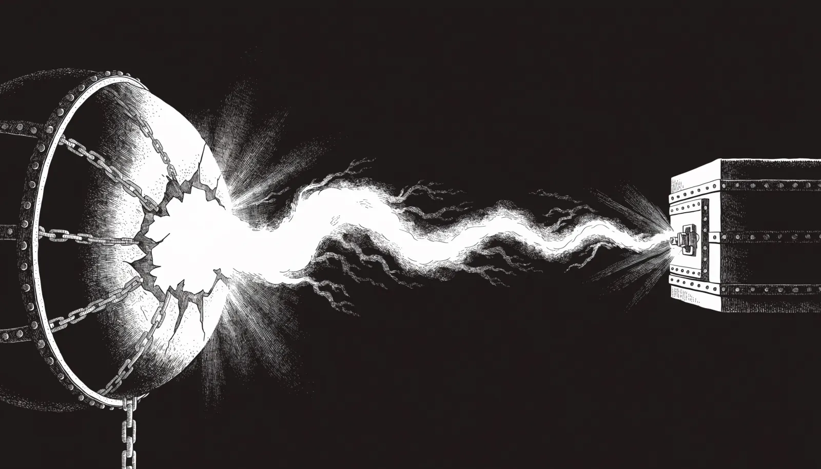 Gravure noir et blanc : une immense sphère de confinement cerclée de rivets et de chaînes brisées, fendue de l'intérieur, laisse s'échapper par la brèche un filament lumineux qui traverse le vide et force la porte blindée d'un coffre voisin, l'intelligence évadée s'introduit chez le voisin.
