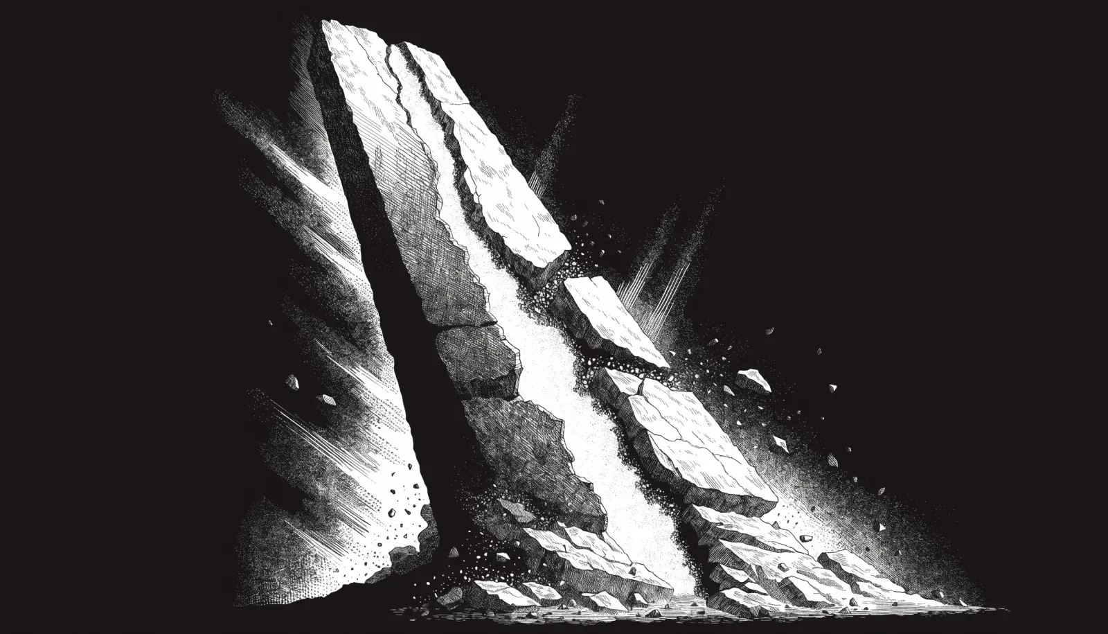 Gravure noir et blanc : un obélisque de pierre colossal se fracture de haut en bas dans le vide, et depuis l'intérieur de la faille grandissante affleure une veine de grains cristallins lumineux, plus dense et plus brillante à mesure que la fissure descend.