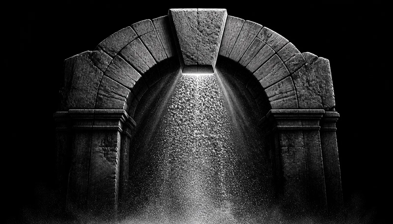 Gravure noir et blanc : une porte de pierre colossale dont la clef de voûte descend et scelle l'arche, tandis que sous l'arc qui se referme une cascade de grains cristallins lumineux s'écoule vers le bas et se dissout en poussière fine.