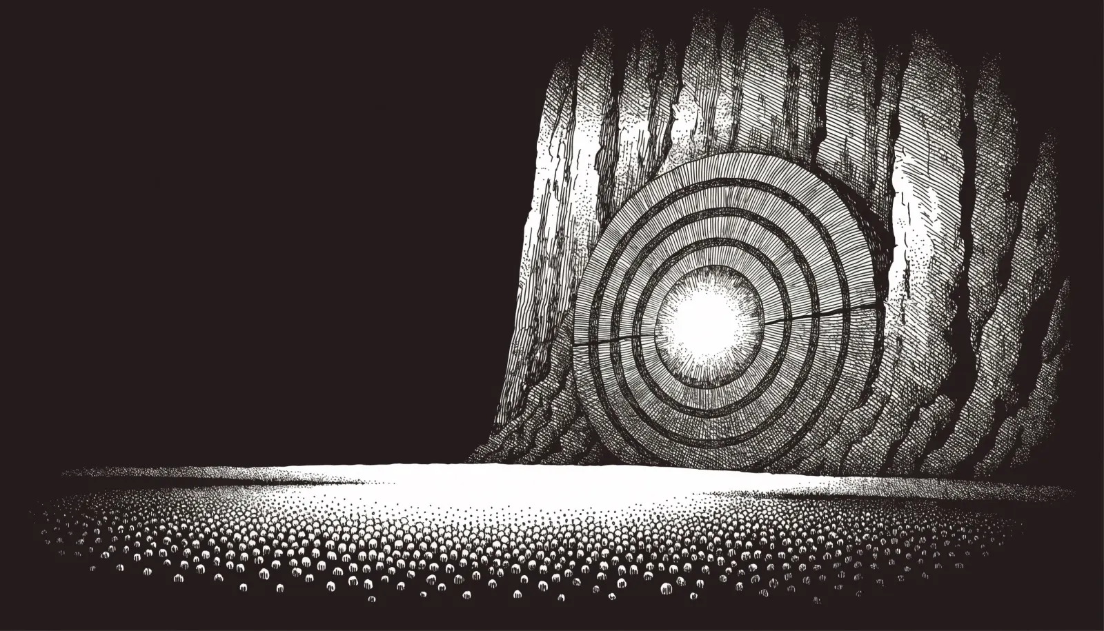 Gravure noir et blanc : une porte de coffre circulaire colossale, scellée dans une falaise, dont les anneaux concentriques sont verrouillés et laissent échapper une unique lueur blanche par l'ultime interstice ; à ses pieds, une plaine immense de minuscules grains cristallins identiques s'étend jusqu'à l'horizon.