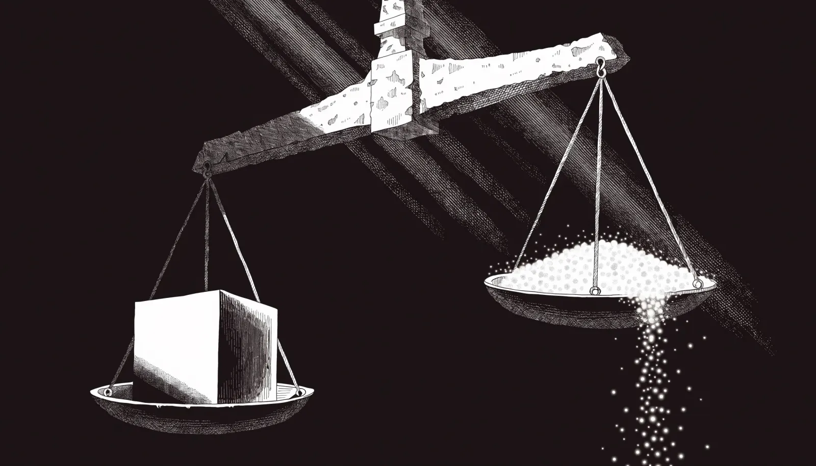 Gravure noir et blanc : une balance de pierre colossale au fléau désaxé, dont un plateau porte un cube de métal massif et l'autre débordé de grains cristallins lumineux qui s'écoulent par-dessus le bord dans l'obscurité.