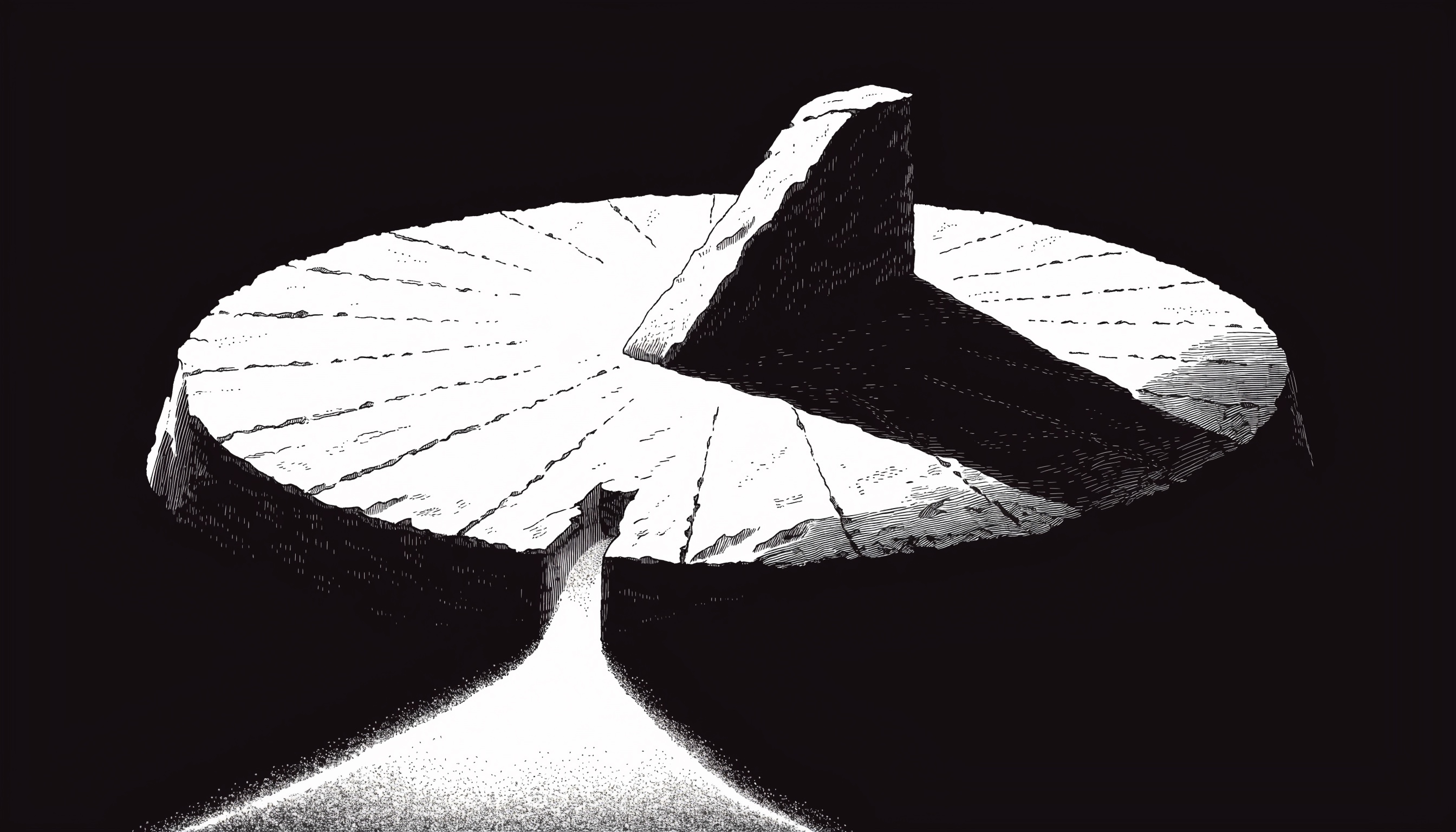 Gravure noir et blanc : un cadran solaire de pierre colossal dont le style projette une ombre dure sur des lignes horaires gravées, et à son pied un étroit portail de pierre par lequel un large fleuve de grains cristallins lumineux est forcé de passer en un seul filet.