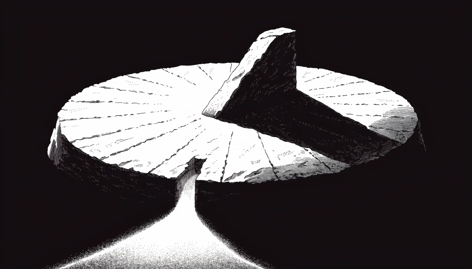 Gravure noir et blanc : un cadran solaire de pierre colossal dont le style projette une ombre dure sur des lignes horaires gravées, et à son pied un étroit portail de pierre par lequel un large fleuve de grains cristallins lumineux est forcé de passer en un seul filet.