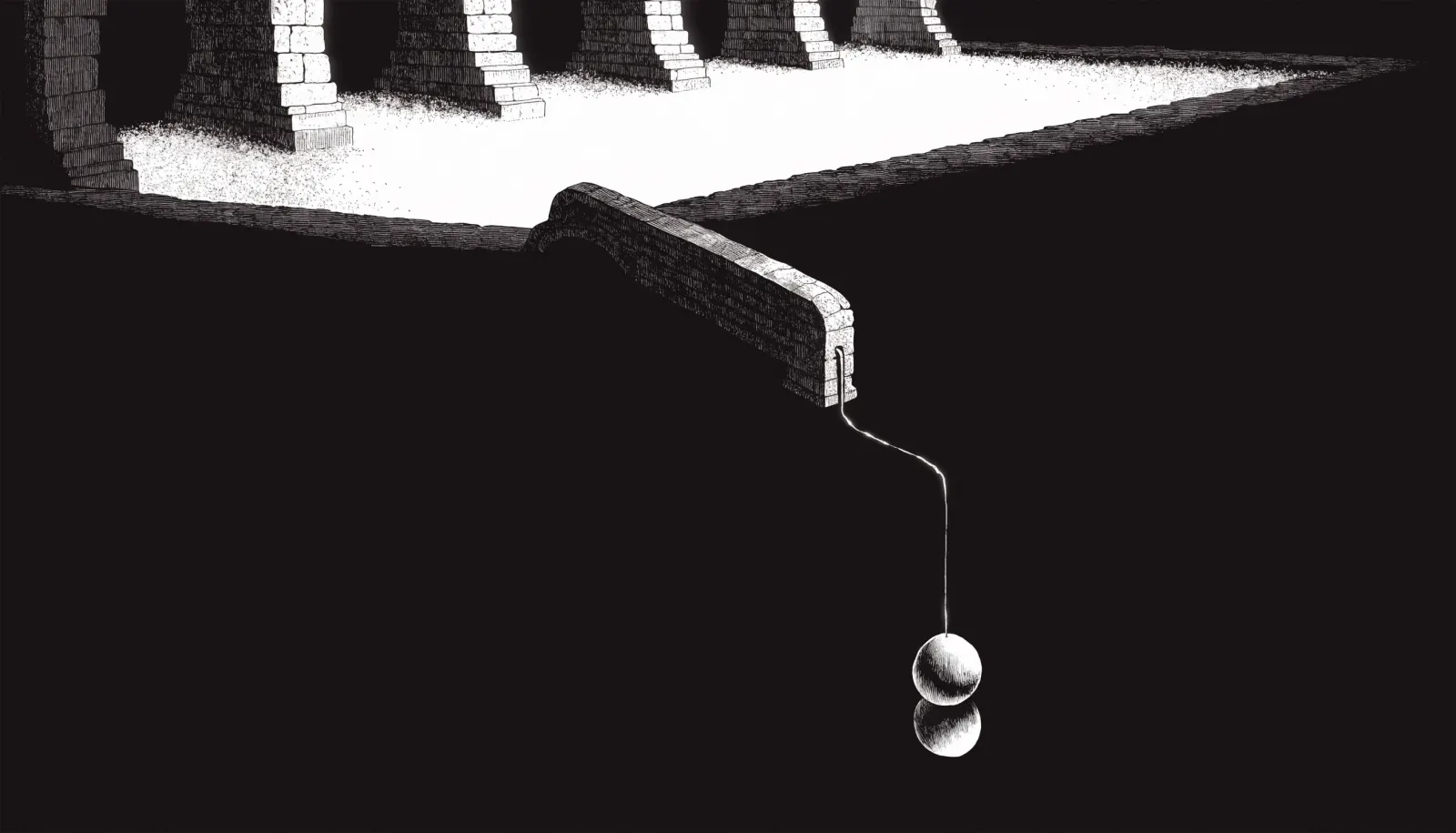 Gravure noir et blanc : un immense bassin de pierre empli d'une matière lumineuse, porté par des piliers massifs, d'où part un unique filet de lumière qui descend alimenter une petite sphère polie posée seule dans l'obscurité.