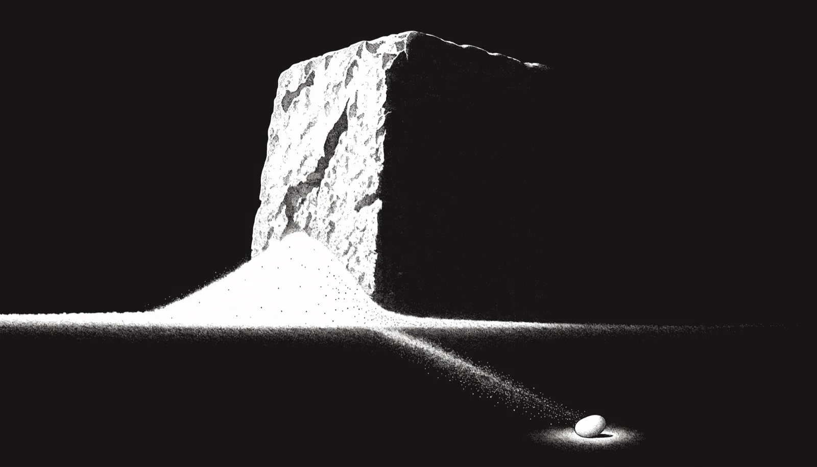 Gravure noir et blanc : un monolithe de pierre colossal, broyé à sa base en un mince filet de grains lumineux qui s'écoule vers un minuscule galet poli, éclairé de l'intérieur, posé seul dans l'obscurité.