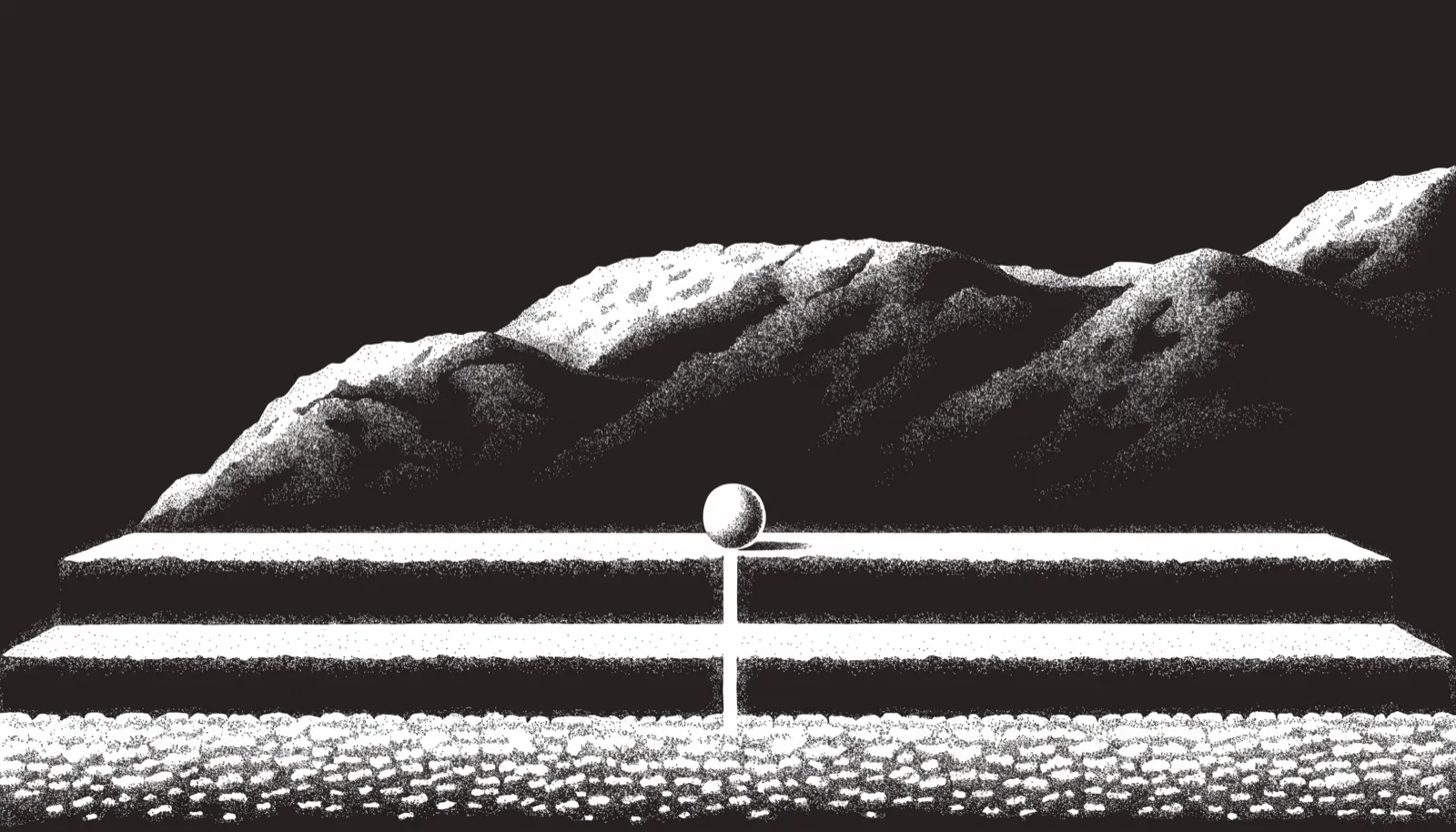 Gravure noir et blanc : deux gradins de pierre devant une chaîne de montagnes, traversés par un mince filet de lumière verticale, une petite sphère polie posée sur le gradin supérieur et un sol de pierres lumineuses au premier plan.