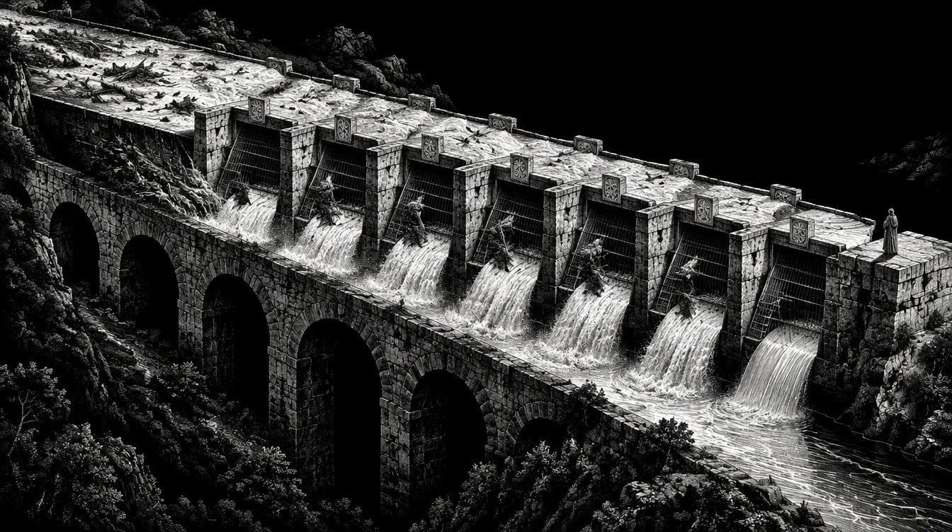 Gravure noir et blanc : un aqueduc de pierre colossal dont le torrent traverse une rangée de sept vannes sculptées, chacune retenant les débris derrière une grille, tandis qu'une minuscule silhouette en robe observe l'eau claire depuis la dernière vanne.