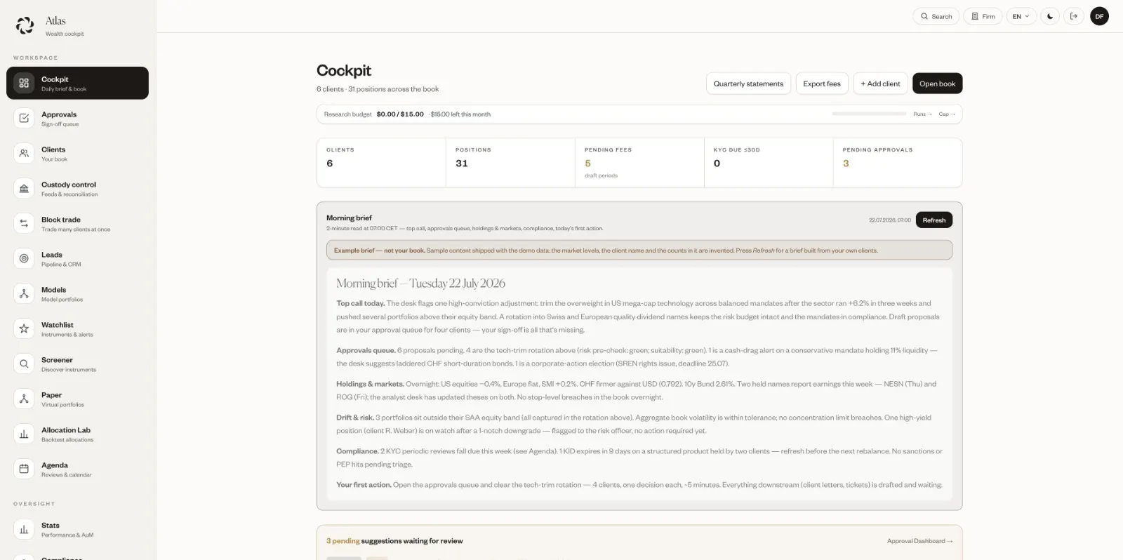 Capture d'écran du cockpit Atlas : indicateurs du portefeuille de clients, brief du matin généré et propositions en attente de validation