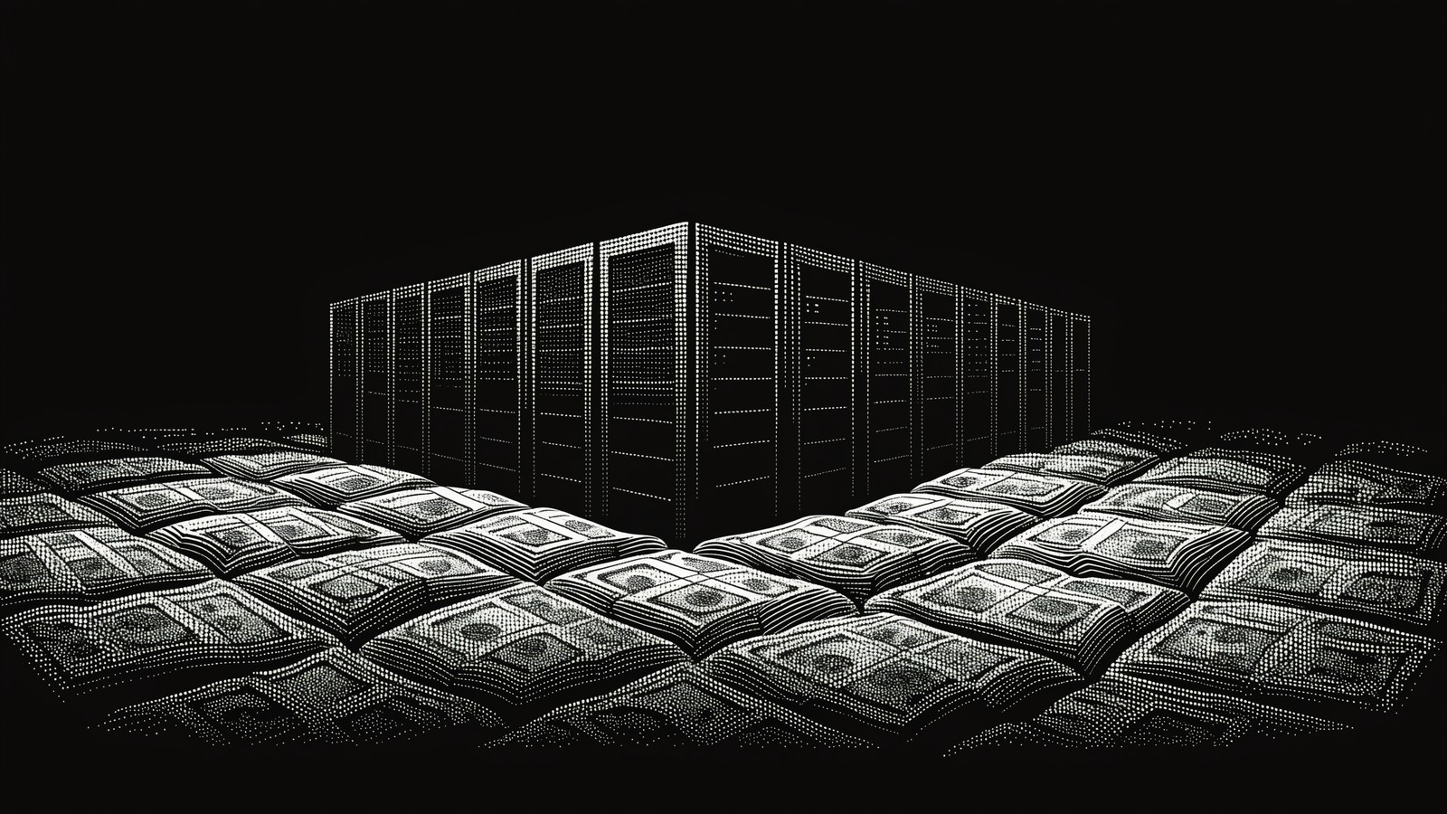 Bannière gravure monochrome : un bloc de baies de serveurs au fond, posé sur un vaste matelas de liasses de billets qui remplit tout l'avant-plan