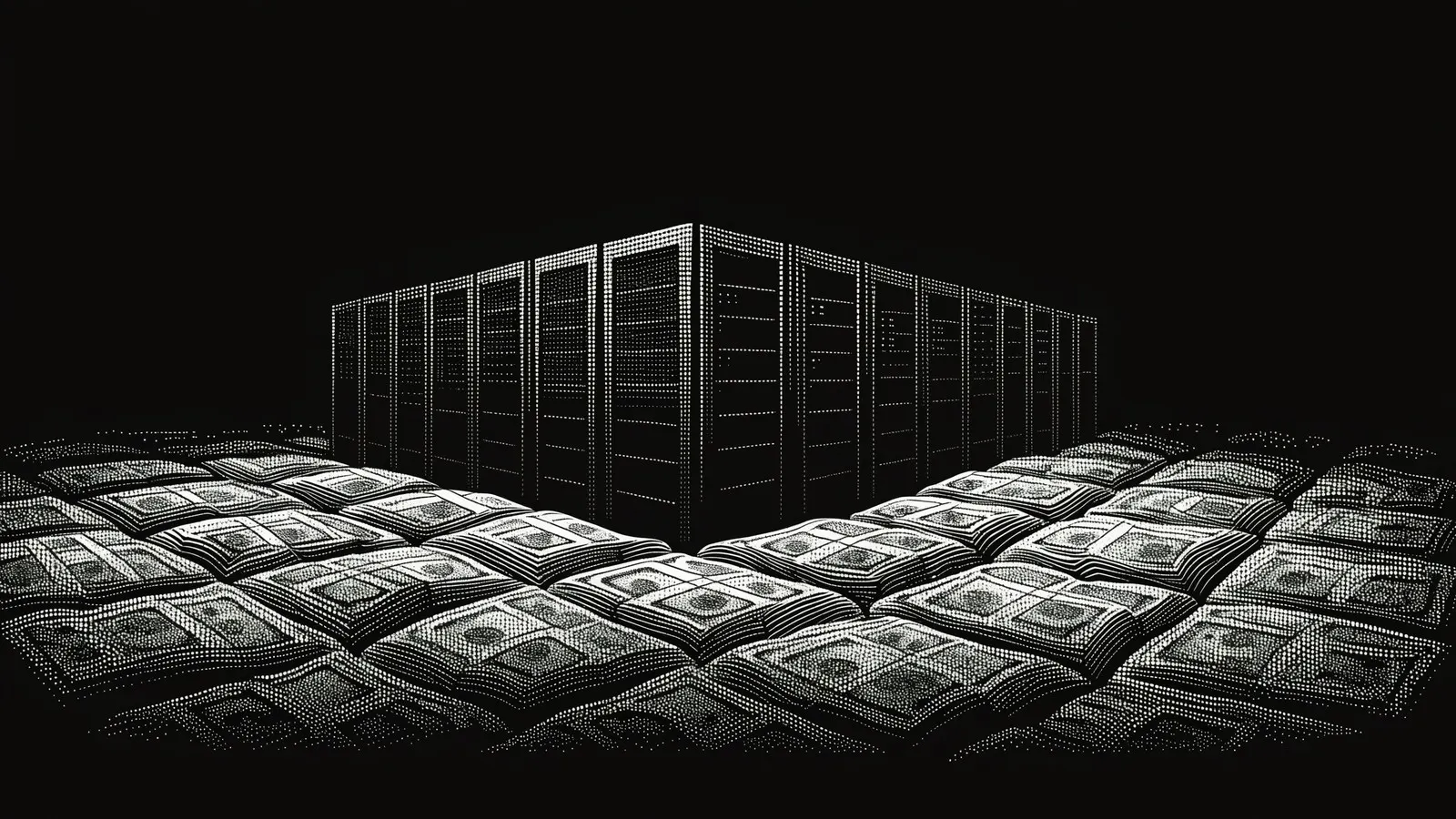 Bannière gravure monochrome : un bloc de baies de serveurs au fond, posé sur un vaste matelas de liasses de billets qui remplit tout l'avant-plan