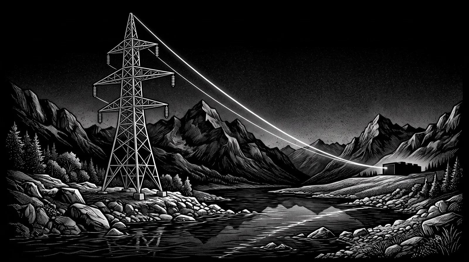 Bannière gravure monochrome : un pylône électrique et sa ligne alimentant une salle de serveurs, une rivière en contrebas