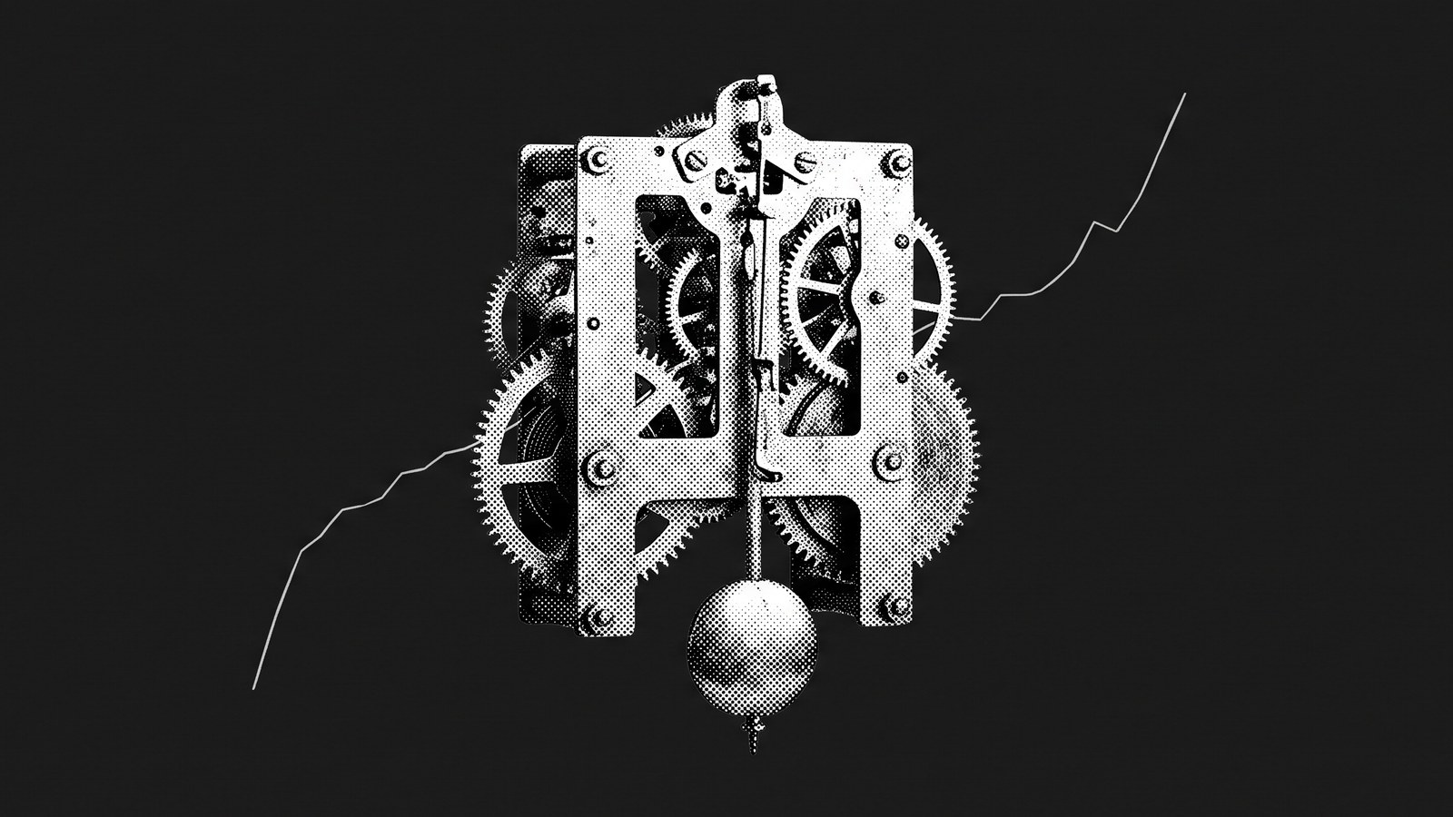 Bannière gravure monochrome : un mouvement d'horlogerie complet, rouages, platines, échappement et lentille de balancier, traversé en arrière-plan par une courbe des taux ascendante