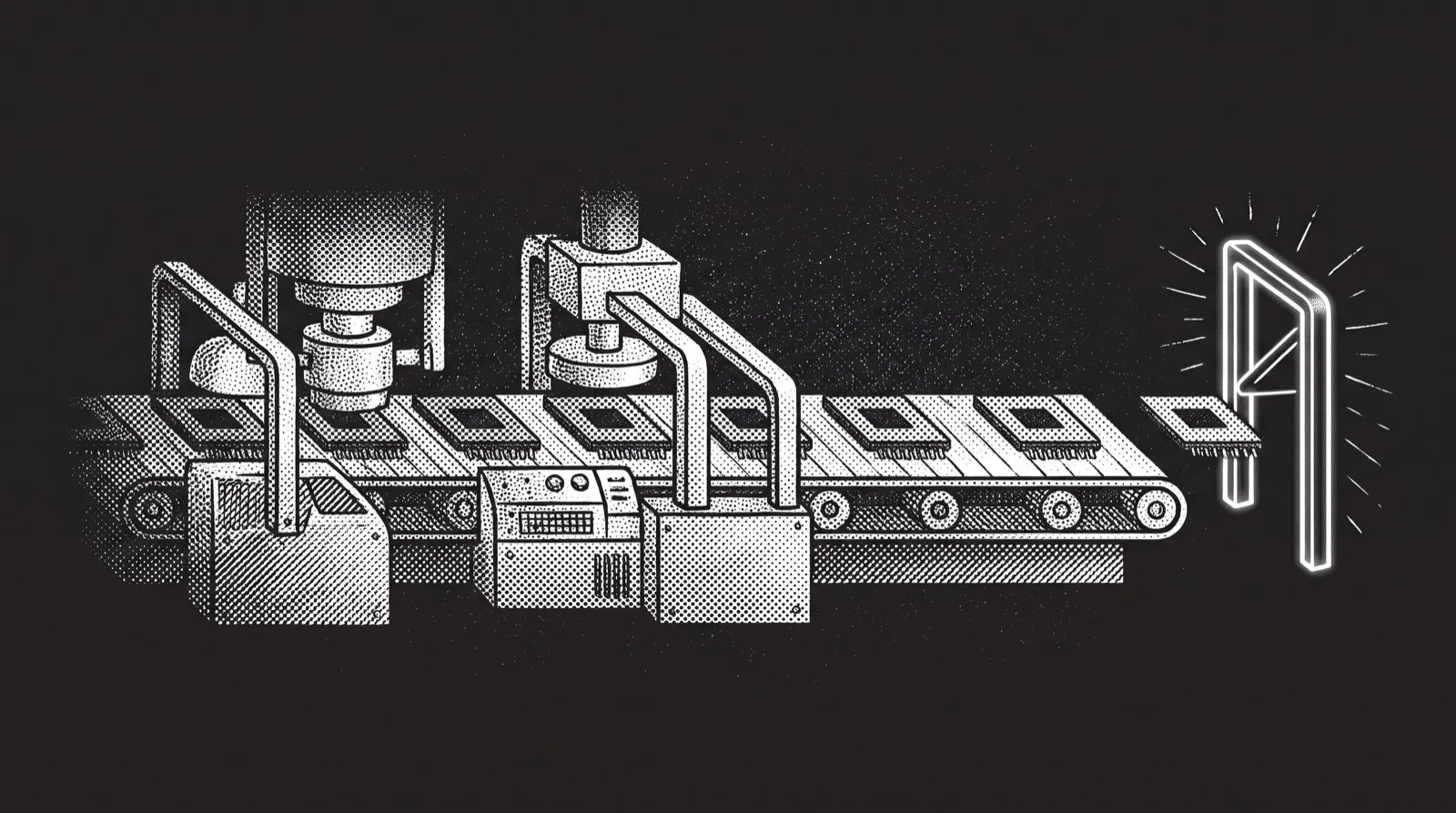 Bannière gravure monochrome : une chaîne de montage produit une rangée de puces identiques, un portique lumineux blanc se dresse au bout de la ligne