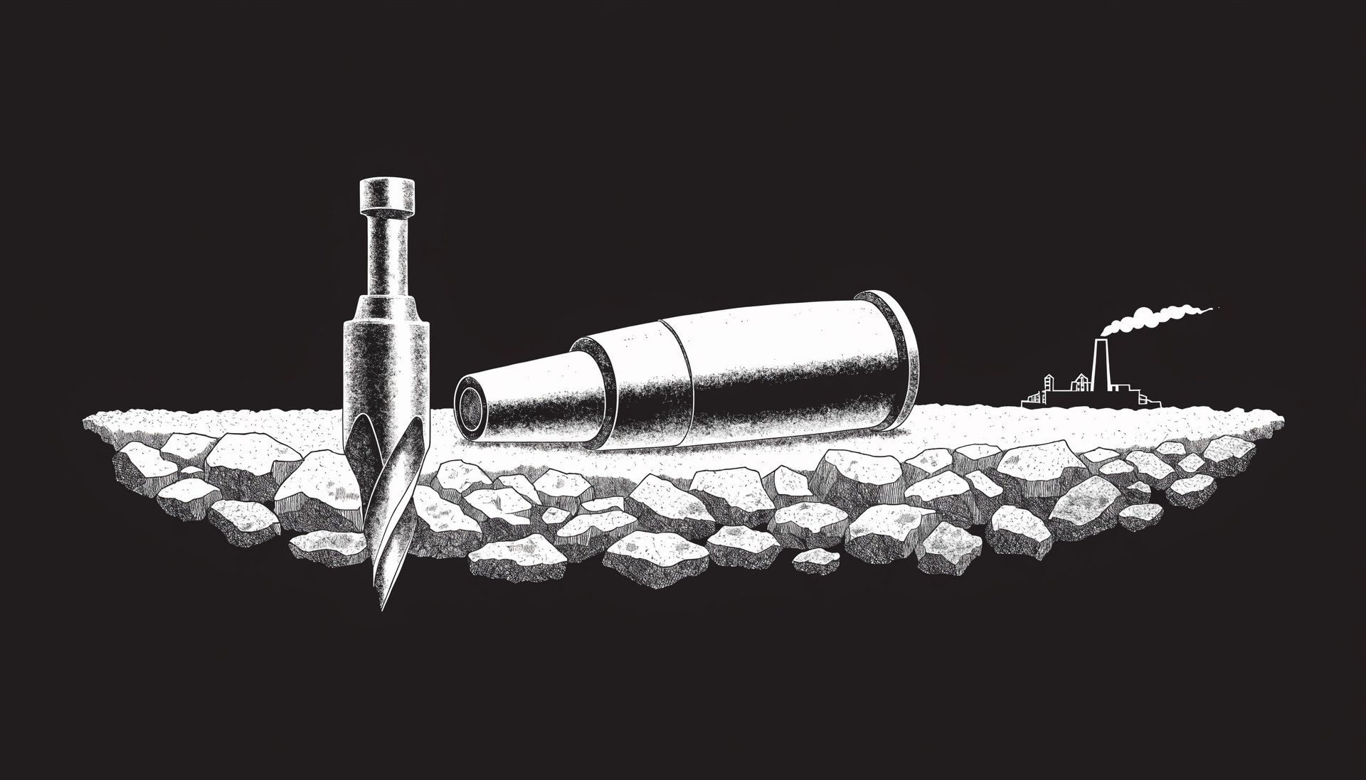 Monochrome engraving-style banner: a drill bit and an artillery shell resting on a bed of raw grey ore, a distant refinery on the horizon
