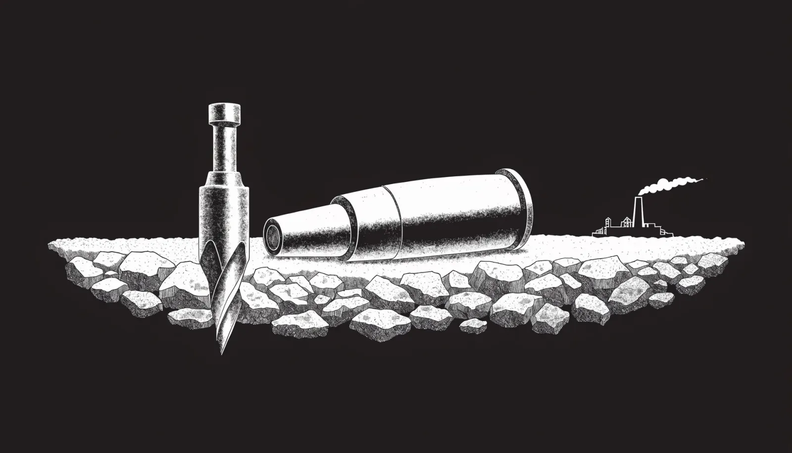 Bannière gravure monochrome : un trépan et un obus posés sur un lit de minerai brut, une fonderie au loin