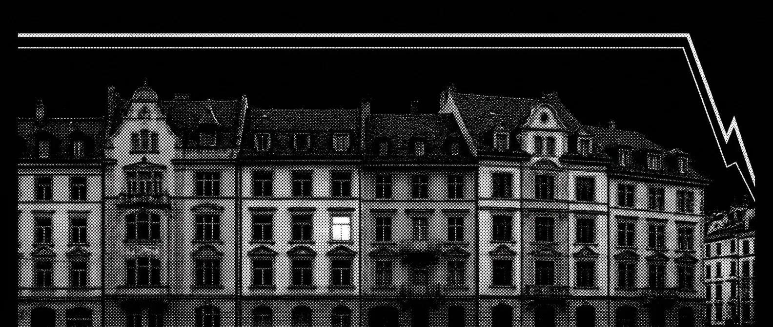 Gravure noir et blanc : façades d'immeubles locatifs suisses serrées les unes contre les autres, une seule fenêtre éclairée