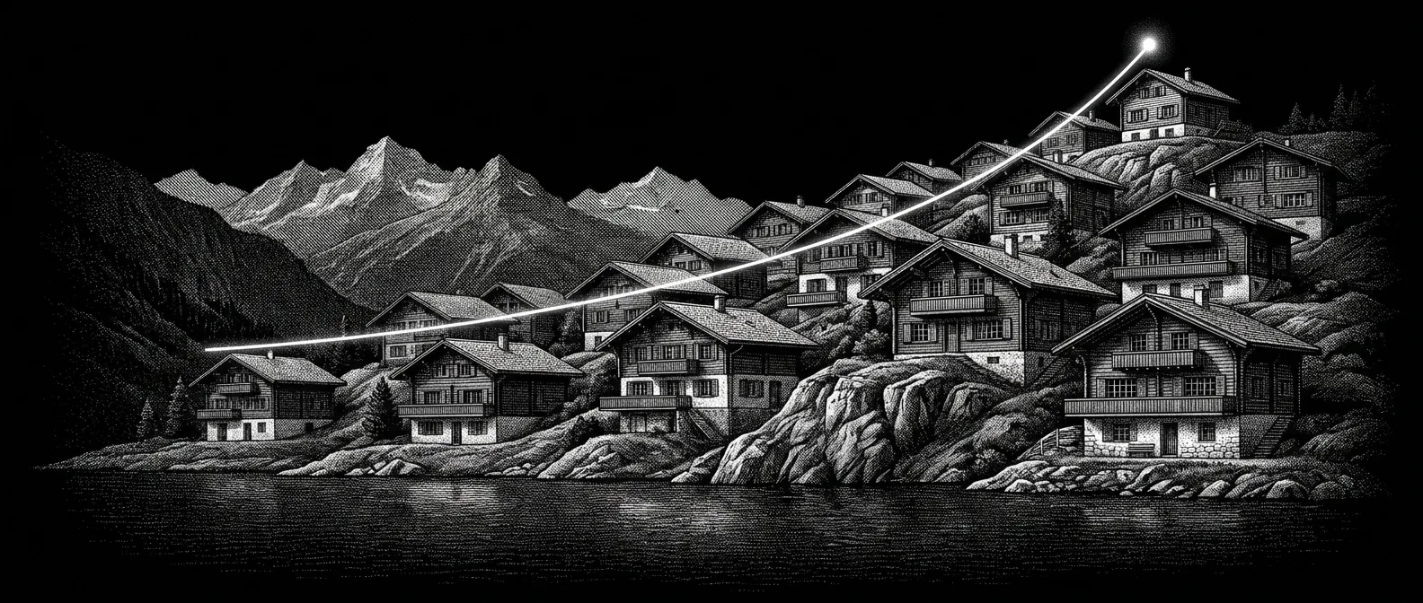 Gravure noir et blanc : maisons individuelles suisses étagées sur un coteau, une courbe de prix tracée en filigrane